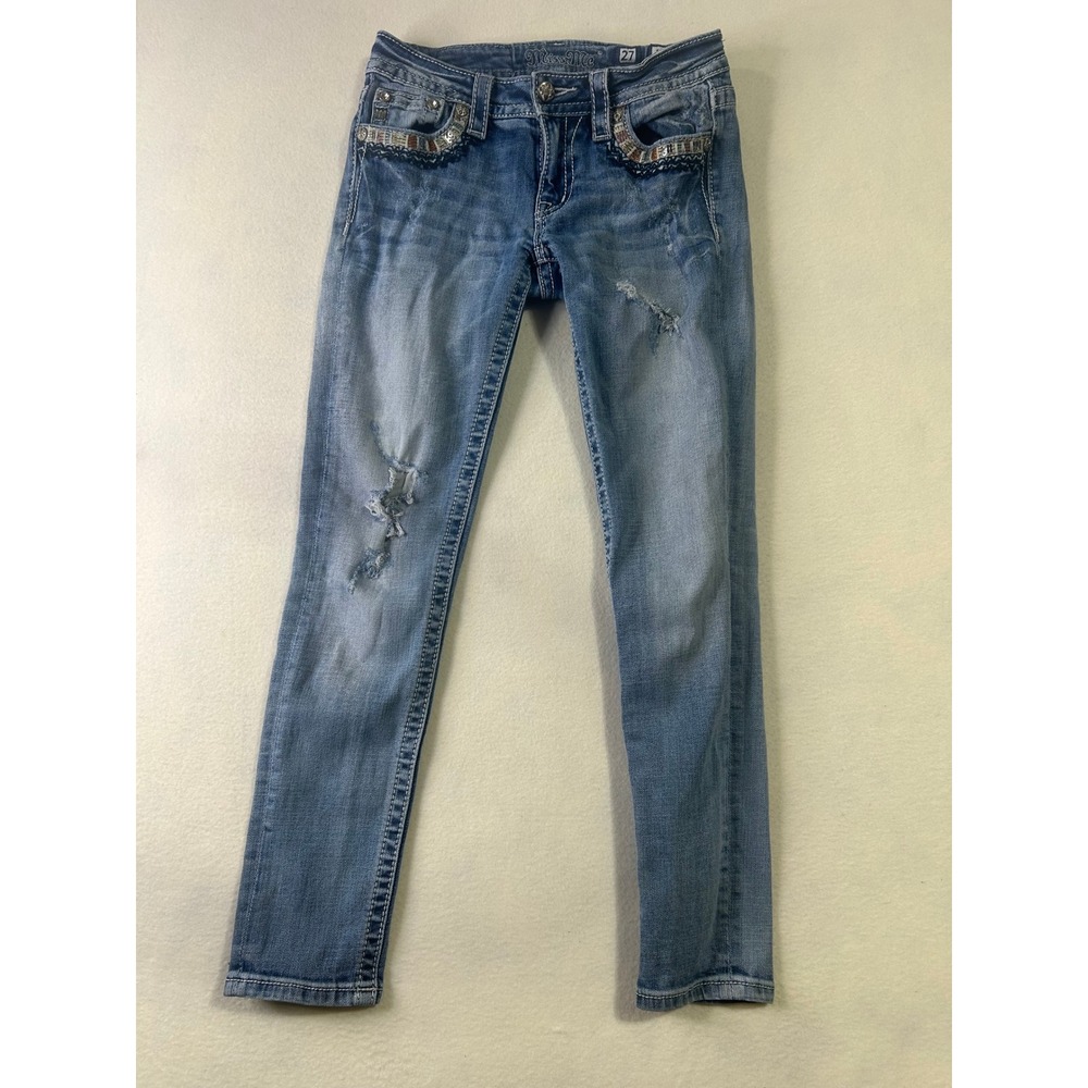Miss Me Mid Rise Skinny Jeans Womens 27 Light Wash Distressed Embroidered Beaded